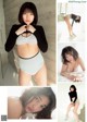 A collage of photos of a woman in a black and white bikini.